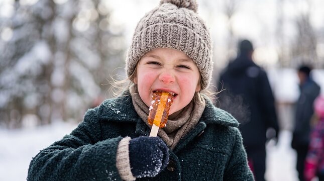 Small child savoring a sweet treat in a snow covered landscape