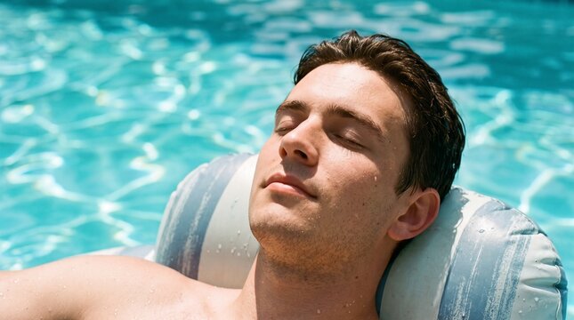 Man relaxing on inflatable in bright blue swimming pool water