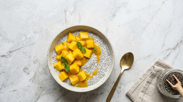 Delicious chia seed pudding with fresh mango pieces and mint leaves on a white marble background