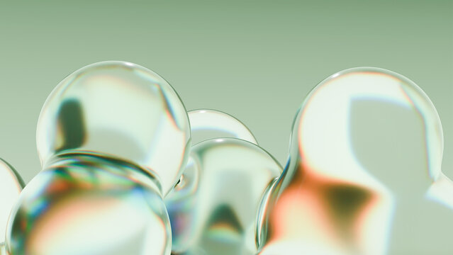 Abstract Pale Green Glass Bubbles Background with Iridescent Highlights and Soft Golden Reflections