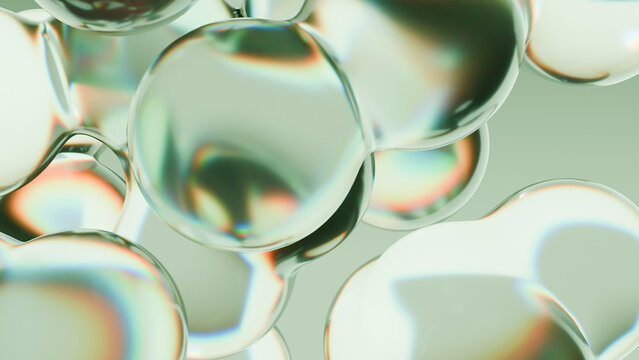 elegant Sage Green and Gold Holographic Background with Glossy 3D Glass Shapes and Soft Lighting