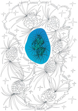 Christmas pattern for coloring with pine cones and a string of beads with stars