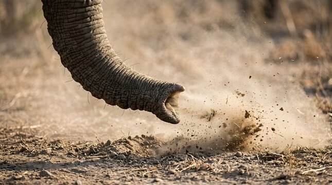 Close-up of an elephant's trunk blowing dusty soil