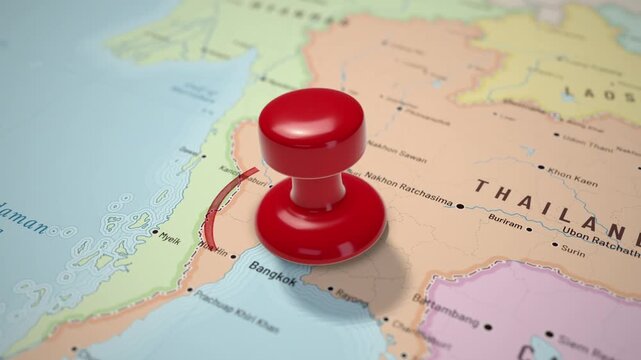 Thailand map location marked by a red push pin above Bangkok as a circle draws around it