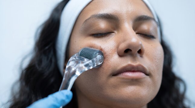 Gloved hand rolling microneedle derma roller on cheek of young hispanic woman for pore refinement and skin rejuvenation.