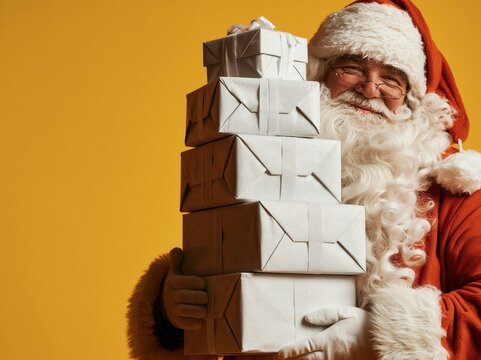Santa Claus holding a tall stack of festive white wrapped gift boxes on bright yellow background 
