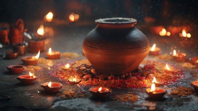 Clay pot with burning diya oil lamps arranged for Diwali celebration. Traditional Indian festival decoration with glowing lights and decorative flower petals on dark stone floor.