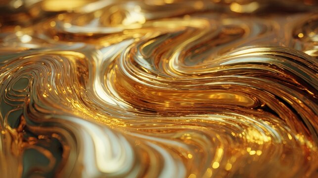 Abstract golden liquid background. Smooth flowing waves of molten gold with metallic reflection. Luxury texture for premium design, digital art, elegance, wealth and success concept.