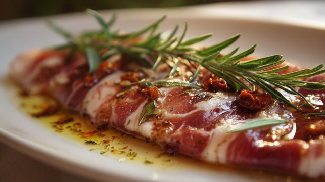 Raw prosciutto slice marinated with olive oil and spices topped with fresh rosemary sprig. Gourmet meat dish preparation in restaurant kitchen. Traditional Italian appetizer ingredient.