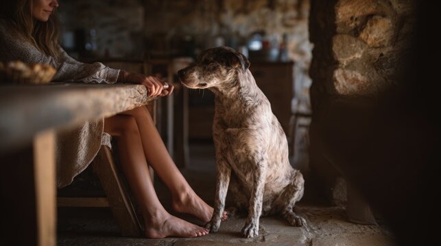 Woman sitting at wooden table with dog in rustic house. Female connection with pet companion in warm interior. Loyal domestic animal waiting for food. Cozy home lifestyle concept.