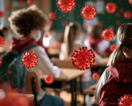 A schoolchild wearing a face mask sits in class while viruses fly around