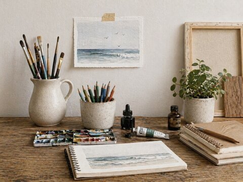 Artist workspace with watercolor painting of seascape. Painter desk with brush, pencil, color palette and sketchpad. Creative studio for art hobby, educational workshop and design craft.