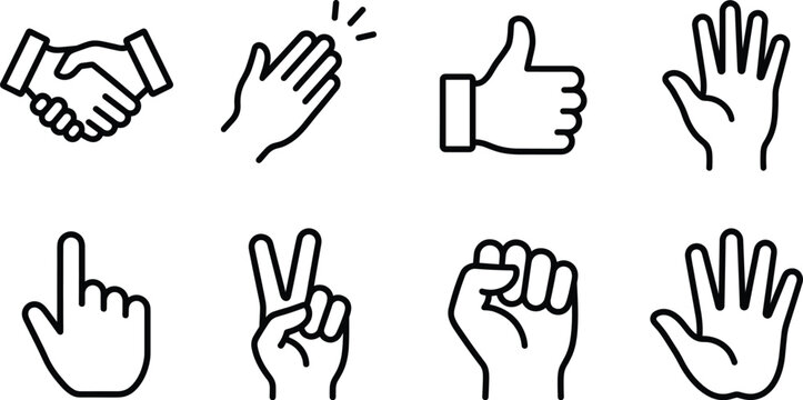 Human hand gestures communication signs bundle displaying handshake applause approval thumbsup palm extension pointing index victory fist highfive