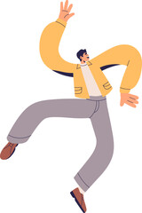 Plakat Happy active energetic person with positive energy. Excited laughing man jumping from joy, fun, good mood. Young character floating, rejoicing. Flat vector illustration isolated on white background.