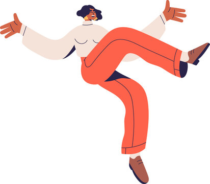 Happy woman jumping up, flying with fun, joy emotions. Energetic excited free girl im action, funny movement. Positive character feeling freedom. Flat vector illustration isolated on white background.