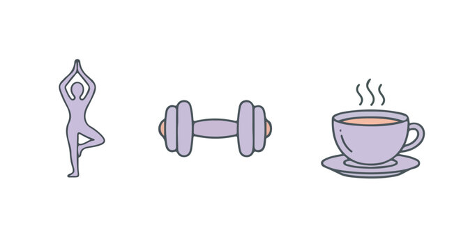 Icons of dumbbells, yoga, and a coffee cup, representing the balance of a healthy lifestyle