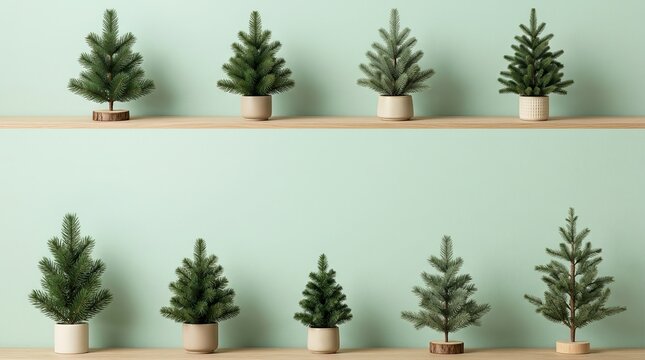 Collection of small artificial pine trees in various pots and wooden bases arranged on two horizontal shelves against a light mint green wall background