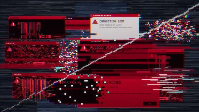 Red security alert pop-up windows glitching on screen with malware detected and access denied warnings