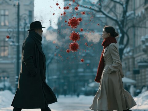 viruses in the air between passersby on a winter day