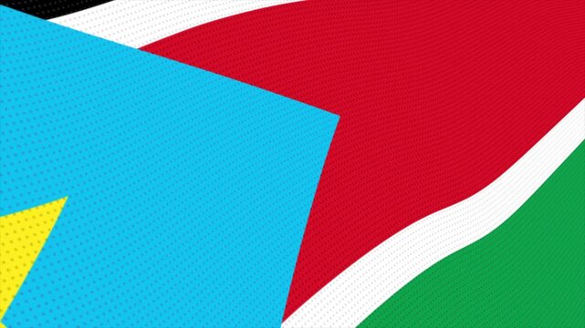Flag of South Sudan waving slowly in the foreground and moving upward.