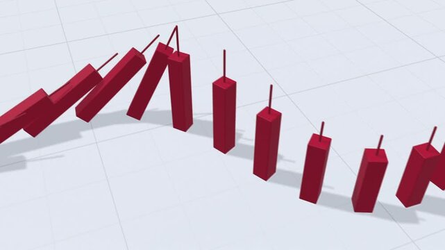 Domino effect with red 3D candlesticks toppling in a chain that forms a falling chart line