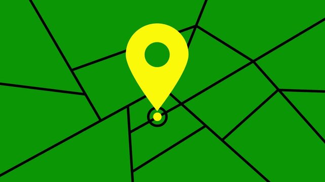 Animated black and yellow location pointer icon on the map. Location pin, GPS tracker, destination. GPS map of the city with place marker. Vector flat illustration isolated on a green background. Loop