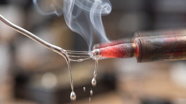 Macro view of a glowing red soldering iron tip melting silver solder wire with rising smoke and liquid metal dripping down