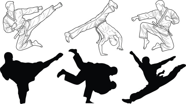 Collection of martial arts fighting poses in outline and silhouette vector illustrations for sport design