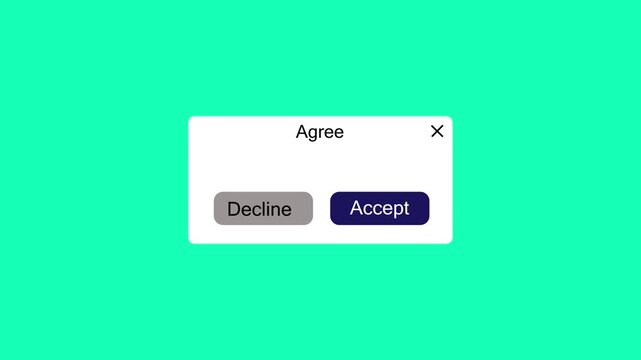 Interactive UI pop-up window prompt labeled Agree featuring dual option buttons Decline and Accept over a bright green chroma key background. Animated digital agreement notification modal