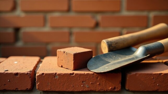 A single brick and masonry tools rest on a wall of bricks in the warm afternoon sun