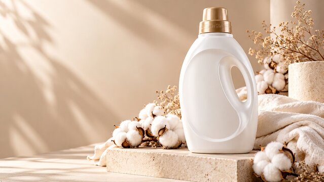 Premium white fabric softener bottle with natural cotton flowers and soft linen on a beige studio background, highlighting gentle fabric care, fresh laundry, elegant packaging and household comfort.