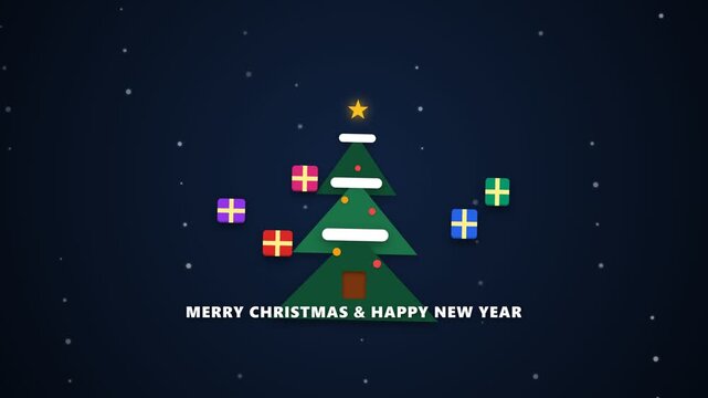 Minimalist Christmas tree with floating gifts and falling snow background