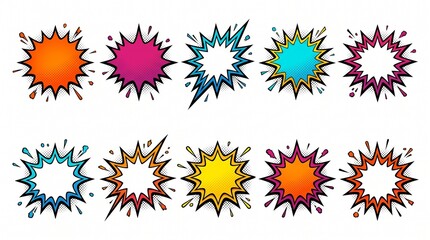 Collection of colorful comic book starburst speech bubbles and explosion icons for graphic design projects. © Faridz