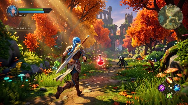 Fantasy game warrior runs toward creature on forest path among autumn ruins. Role playing adventure. Sword combat, magical potion and quest exploration. Fantasy action gameplay.