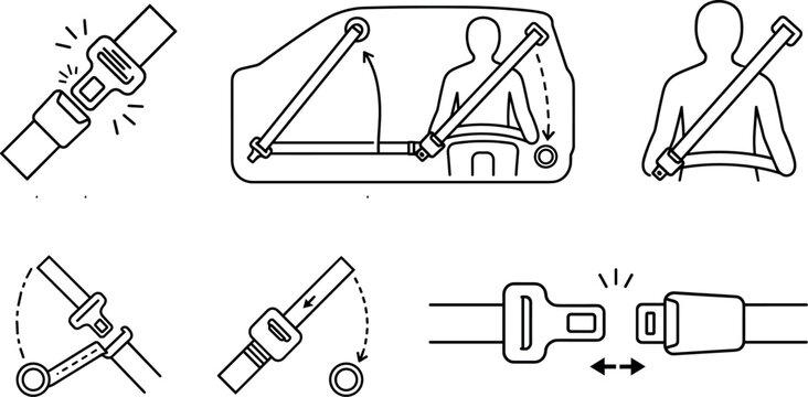 Vector line art car seatbelt icon set featuring vehicle safety instructions secure buckling and passenger protection concepts