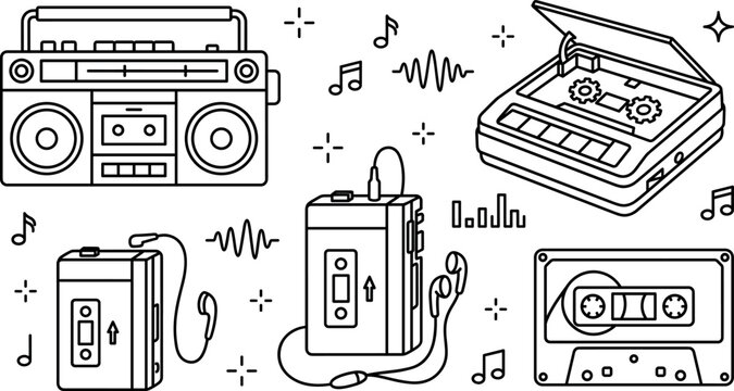 Vintage retro audio line art icon set featuring boombox cassette player walkman headphones and tape vector outline bundle