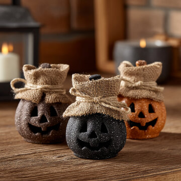 Decorative mini pumpkins wearing burlap sacks on wooden table setup with sack