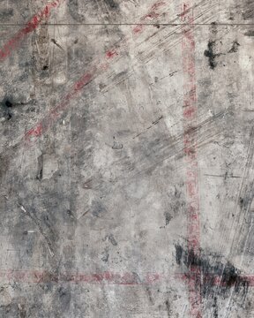 Top-down view of worn industrial factory floor texture, with stains, scratches, oil marks and faded red warning lines