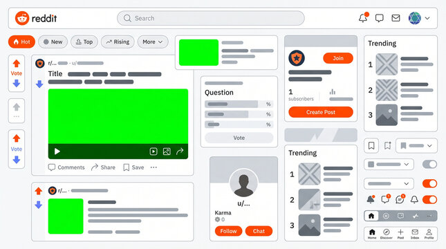 Reddit social media interface mockup with feed layout, post elements, profile sidebar, navigation menu and trending topics section in a modern minimalist web dashboard design for digital marketing use