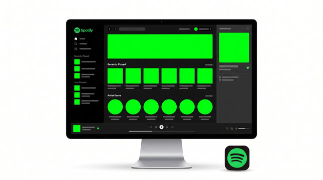Spotify interface mockup with desktop screen display and mobile app icon showing blank green placeholders for music player layout, streaming service dashboard template