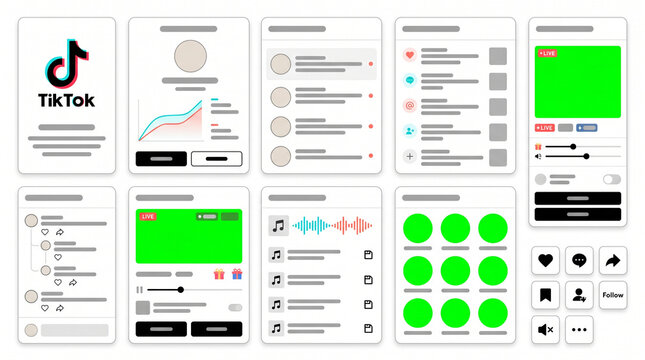 TikTok social media interface widget set with creator profile, engagement controls, live stream broadcast screens, video feed elements and navigation icons in a modern mobile application vector mockup