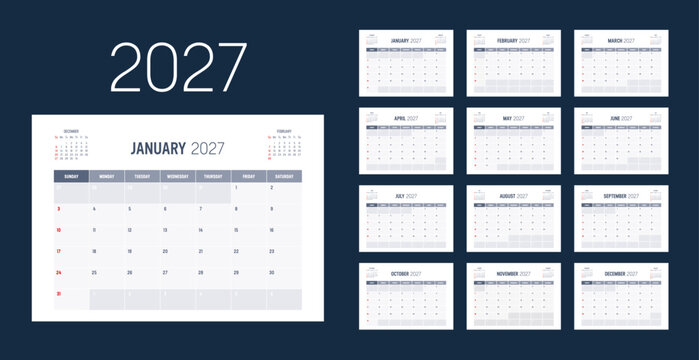Year 2027 monthly calendar. Week starts Sunday. Vector template.
