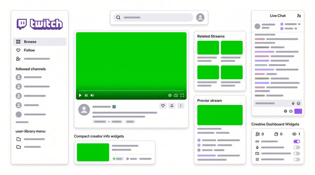 Twitch live stream interface mockup set with video player, live chat window, creator dashboard widgets, browse menu, and search bar for gaming content creators and social media platforms design layout