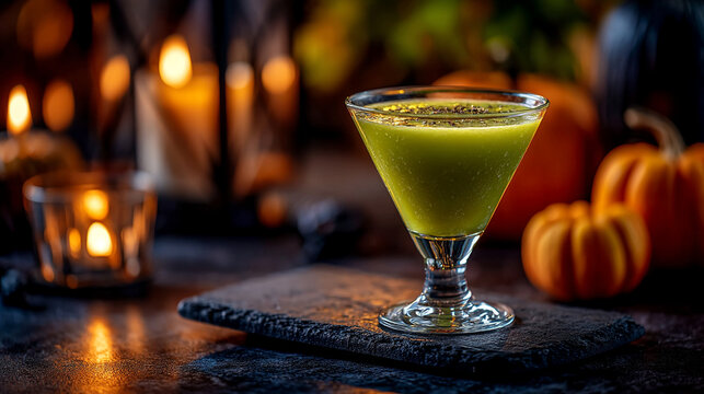 Magical glowing green potion in martini glass surrounded by pumpkins with cocktail