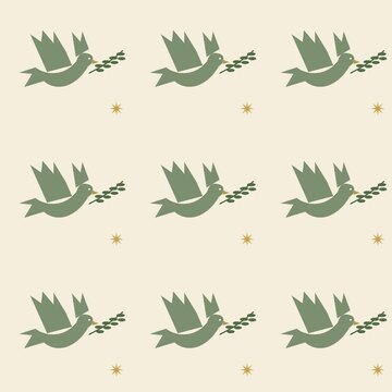 Peace dove and olive branch seamless pattern in sage and cream