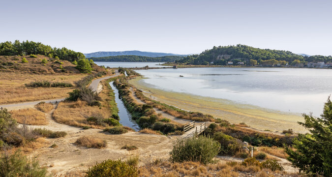Abandoned salines of Peyriac de Mer, Aude, France, now a touristic hot spot for watersports and nature on the Mediterranean coast