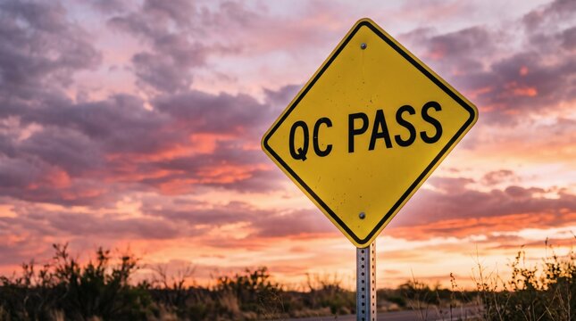 Yellow diamond sign indicating QC PASS against a dramatic sunset sky.