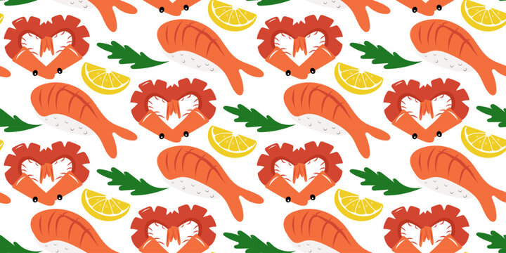 Pattern seamless seafood doodle illustration with orange prawns red shrimps arranged in heart shapes yellow lemon slices and green herbs on white background