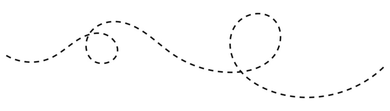 Curved dashed line path with loops and swirls isolated on transparent background