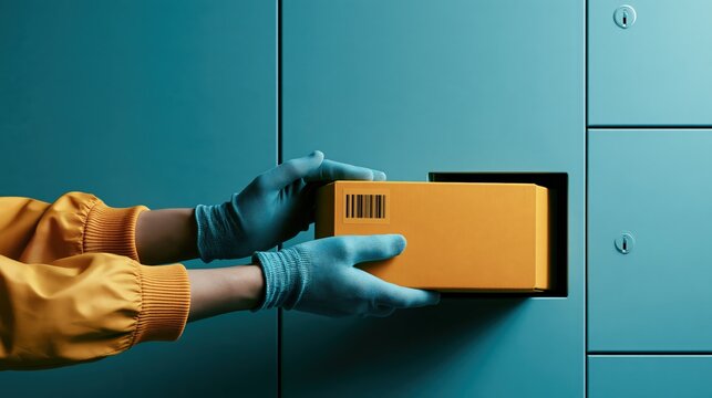 Two gloved hands passing a parcel through a smart locker door in teal light, with a shallow depth of field